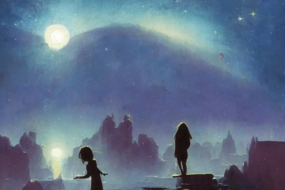 Prompt: atmospheric painting of a giant star garden, a young girl stands in, by moebius and john harris, atmospheric, concept art, saturation 8