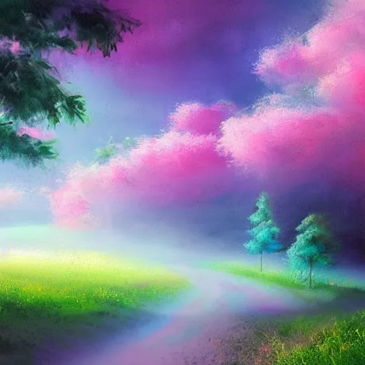 Image similar to inspirational landscape painting soft pastel colors blue pink white sky with white pink blue ground forest, art station, volumetric lighting