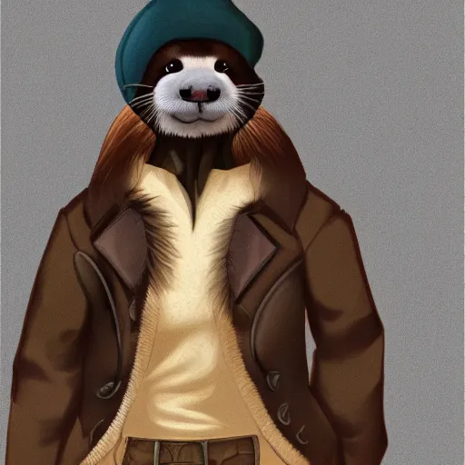 Image similar to ferret furry man, digital art high quality, jacket