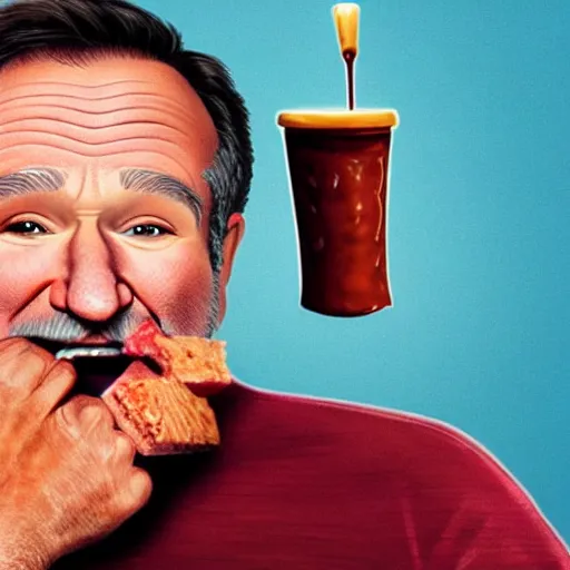 Prompt: robin williams sinking into a pit of bbq sauce, reaching towards the camera, childrens book illustration