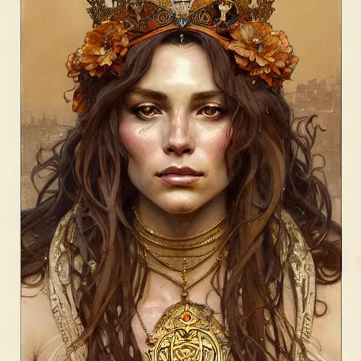 Image similar to highly detailed portrait of a majestic lioness queen as a beautiful woman. d & d, art by anton pieck and greg rutkowski and alphonse mucha and magali villeneuve. trending on artstation, intricate details, energetic composition, golden ratio, concept art, illustration, elegant art