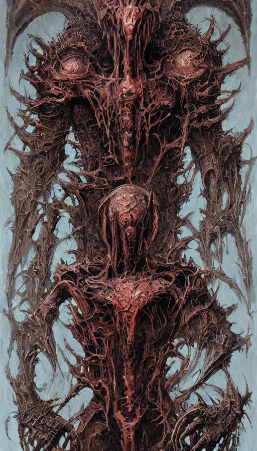 Image similar to Doom themed painting of symmetrical torso demonic hell armor with extended evil armored hands concept, intricate artwork by H.R. Giger, Johnatan Wayshak, Zdizslaw Beksinski, Ayami Kojima, Amano, Karol Bak, Moebius, and Mark Brooks, Neo-Gothic, gothic, rich deep colors, art by Takato Yamamoto, masterpiece, face by Artgerm, very coherent artwork, cinematic, hyper realism, high detail, octane render, unreal engine, 8k, High contrast, golden ratio, trending on cgsociety