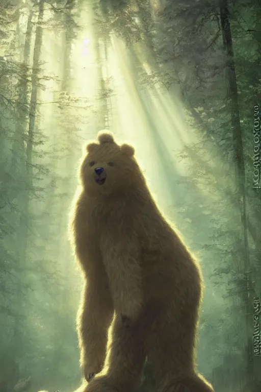 Image similar to mean fluffy teddybear protecting girl in a forest with rays of light coming through the canopy, masterpiece, dystopian, sci-fi, extremely detailed, digital painting, sculpted in zbrush, artstation, concept art, smooth, sharp focus, illustration, chiaroscuro lighting, golden ratio, incredible art, artgerm, greg rutkowski, alphonse mucha, simon stalenhag, carravaggio