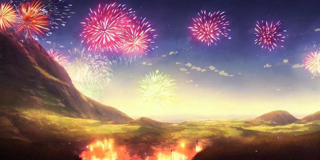 Image similar to fireworks, mountain, summer festival wide landscape, eva, war, lonely, art by makoto shinkai