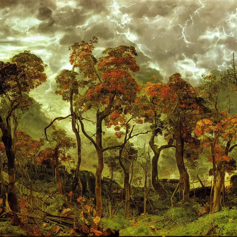 Prompt: Apocalypse with vegetation, leaves, creepers, ivy, ferns taking over the industrial, toxic, machinery, cities. Thunderstorm, autumn light. Painting by Caspar David Friedrich, Pontormo