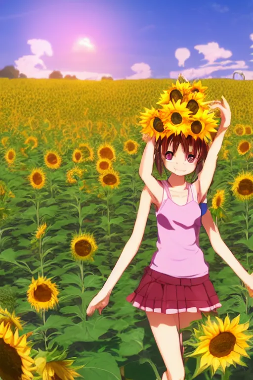 Image similar to Tonemapped Cheerful anime girl with bunny hat in the style of Makoto Shinkai and Yun Koga with a field of sunflowers in background