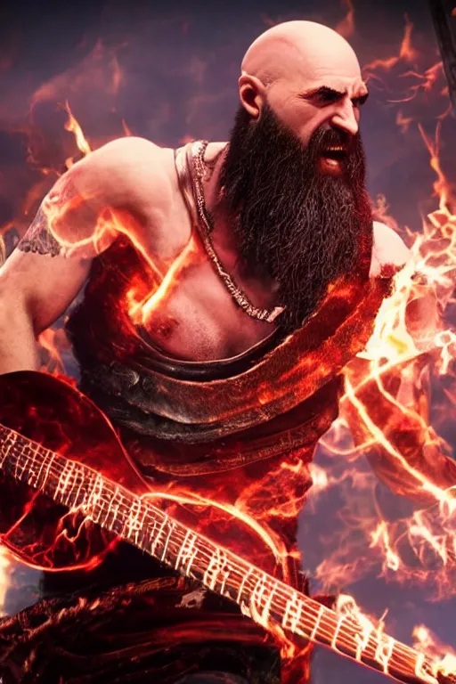 Image similar to kratos rocking out on a flaming stratocaster guitar, cinematic render, god of war 2 0 1 8, playstation studios official media, lightning, flames, red stripe, red left eye stripe, clear, coherent