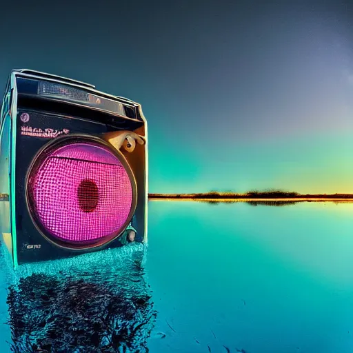 Prompt: 4 k polaroid wide angle photo of a giant stainless steel reflective boombox speaker, half submerged in water, in a desert oasis lake, at dusk, with neon lighting