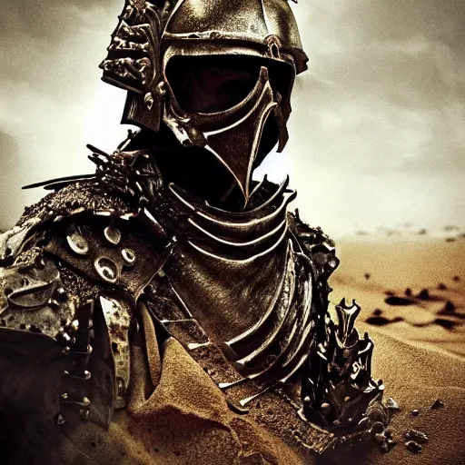 Image similar to the king in the desert dead on the ground, blood on sand, fighting in a dark scene, detailed scene, killed in war, Armour and fallen Crown, highly detailed, blood and dust in the air, action scene, cinematic lighting, dramatic lighting, trending on artstation, elegant, intricate, character design, motion and action and tragedy, fantasy, D&D, highly detailed, digital painting, concept art