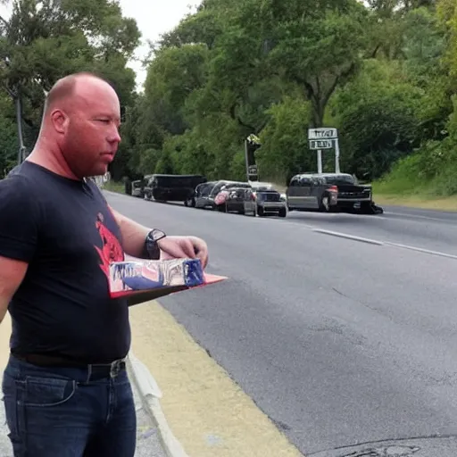 Prompt: alex jones begging for money on the side of the road, award winning press photo