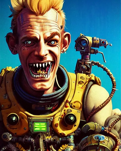 Prompt: junkrat from overwatch, slight smile, character portrait, portrait, close up, concept art, intricate details, highly detailed, vintage sci - fi poster, retro future, in the style of chris foss, rodger dean, moebius, michael whelan, and gustave dore