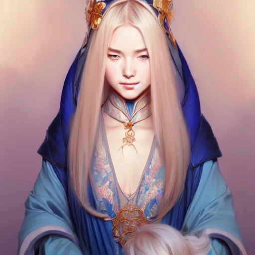 Image similar to elegant Chinese princess, D&D, blue eyes, blonde hair, fantasy, intricate, elegant, highly detailed, digital painting, artstation, concept art, smooth, sharp focus, illustration, art by artgerm and greg rutkowski and alphonse mucha