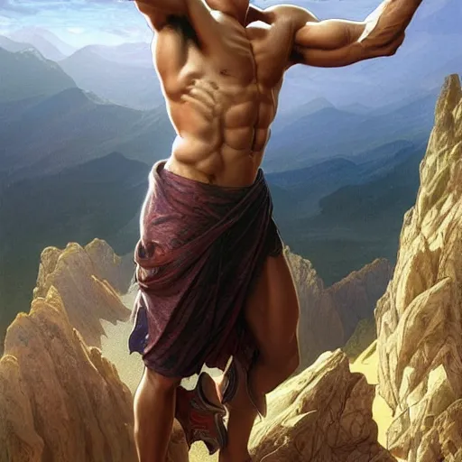 Image similar to ultra realistic illustration, a very tall and muscular gigachad bongbong marcos flexing on top of a mountain, intricate, elegant, highly detailed, digital painting, artstation, concept art, smooth, sharp focus, illustration, art by artgerm and greg rutkowski and alphonse mucha