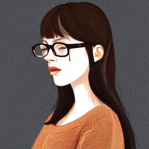 Prompt: portrait of a teenage girl with bangs, brown hair and bangs, round silver glasses with thin rims, wearing an oversized sweater, digital art, elegant pose, detailed illustration with thick lineart