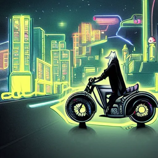 Prompt: gandalf the white riding a motorcycle down the street in a futuristic city with neon lights