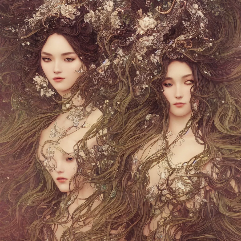 Prompt: goddess, flowing hair, fantasy, surreal, intricate and very beautiful and elegant, highly detailed, digital painting, trending on artstation, concept art, smooth and sharp focus, illustration, art by tan zi and ayanamikodon and alphonse mucha and wlop