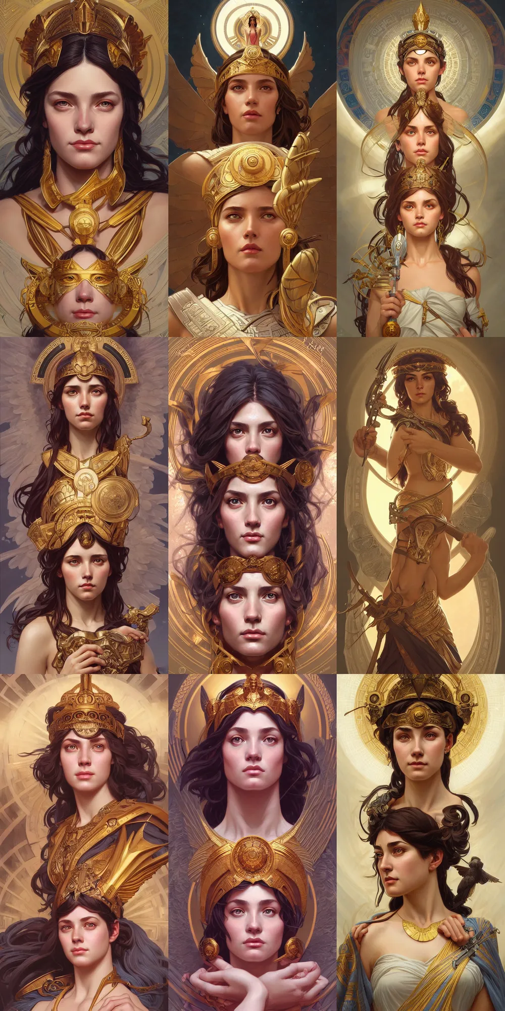 Prompt: athena goddess of wisdom, realistic portrait, symmetrical, highly detailed, digital painting, artstation, concept art, smooth, sharp focus, illustration, cinematic lighting, art by artgerm and greg rutkowski and alphonse mucha