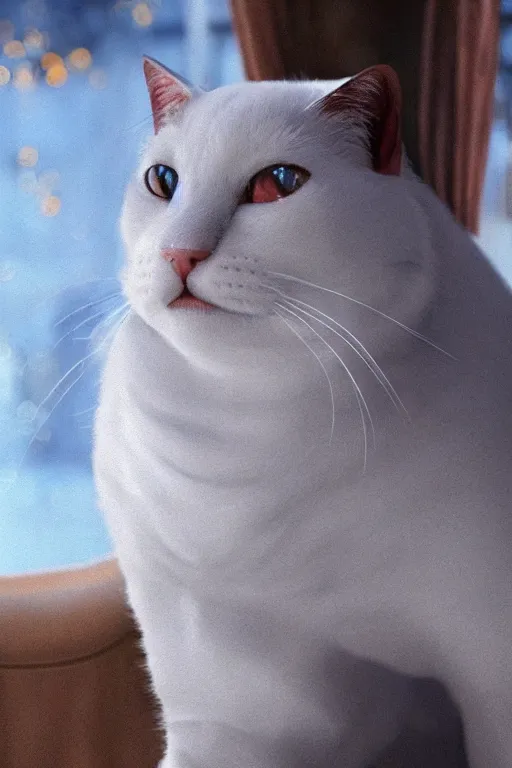 Image similar to a white cat with blue eyes wearing a red formal overcoat, hyperrealistic, concept art, octane render, unreal engine 5, realistic and defined face, profile picture, digital art, pixar and disney style, symmetrical, high quality, highly detailed, high coherence, path traced, house background, low contrast, beautiful, elegant clothes