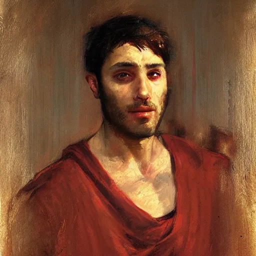 Image similar to Solomon Joseph Solomon and Richard Schmid and Jeremy Lipking Middle eastern genre painting portrait painting of a young handsome man in ancient Canaanite costume, red background