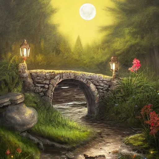 Prompt: painting, high detail, woodland village, night, fantasy, crescent moon, stone paths, bridge, water stream, luminous, toadstools, fireflies, fantasy,, flowers, lanterns, mist, highly detailed painting, fine lines, 8 k realistic, sharp focus