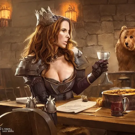 Prompt: kate beckinsale weared in full plate armor, sit in fantasy tavern near fireplace, behind bar deck with bear mugs, medieval dnd, by Darren Tan