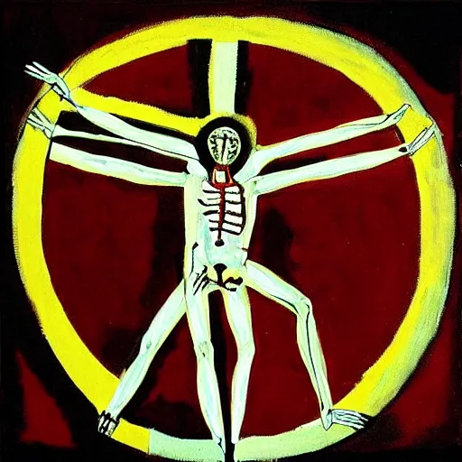 Prompt: painting of the vitruvian man by graham sutherland, basquiat, neo - expressionism, muted colors!