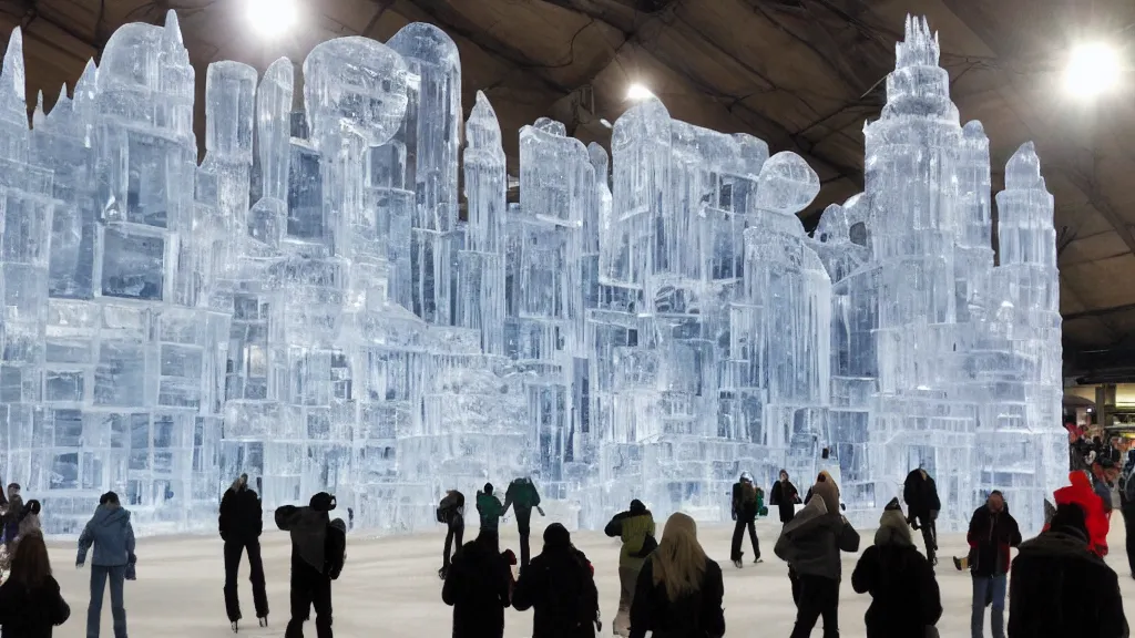 Prompt: a giant highly detailed ice sculpture of a brave super hero, people are ice skating around it, ice rinks, elegant.