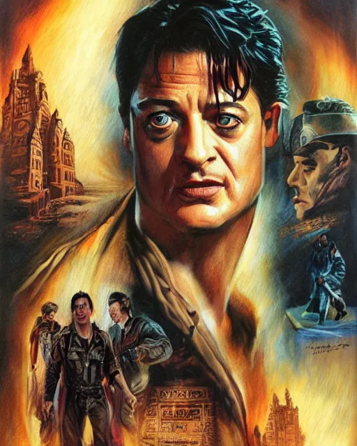 Image similar to brendan fraser in the mummy, airbrush, drew struzan illustration art, key art