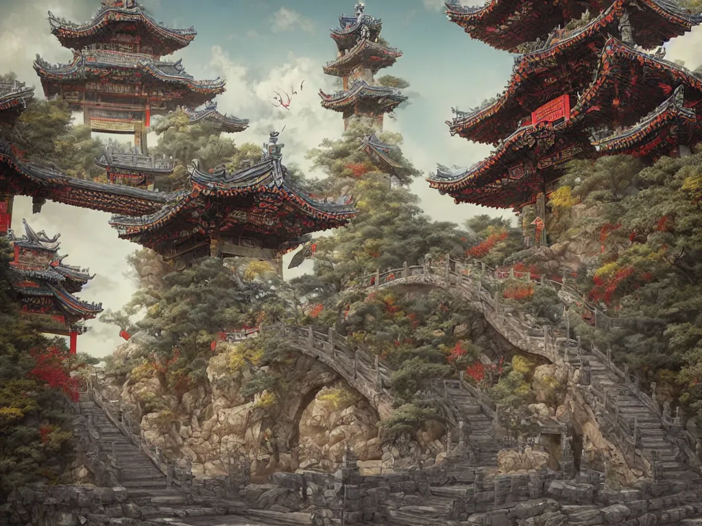 Image similar to tang dynasty shinto gate at the top of many stone steps, a chinese dragon flies behind by peter mohrbacher and dan mumford and nekro, cgsociety, volumetric light, 3 d render