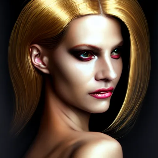 Prompt: Facial portrait of a gorgeous cyberpunk girl, looking away from the camera, seductive smile, gold jewellery, corporate, business, sparkle in eyes, lips slightly parted, long flowing hair, no hands visible, diamonds, science fiction, delicate, teasing, arrogant, defiant, bored, mysterious, intricate, extremely detailed painting by Mark Brooks (and by Greg Rutkowski), visible brushstrokes, thick paint visible, no light reflecting off paint, vibrant colors, studio lighting