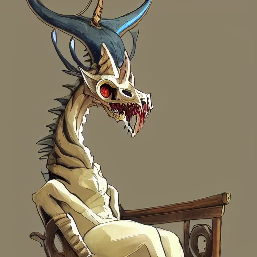 Image similar to concept art painting of a dragonlike anthropomorphic humanoid creature with a long dragon neck and horned skull mask, sitting on a throne, anime style, cel shaded, in the style of makoto shinkai and james gurney and studio ghibli and moebius