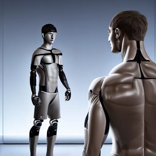 Image similar to a realistic detailed photo of a guy who is an attractive humanoid who is half robot and half humanoid, who is a male android, attractive and handsome soccer players, shiny skin, posing like a statue, blank stare, in a factory, on display, showing off his muscles, wearing soccer shorts, side view, looking at each other mindlessly