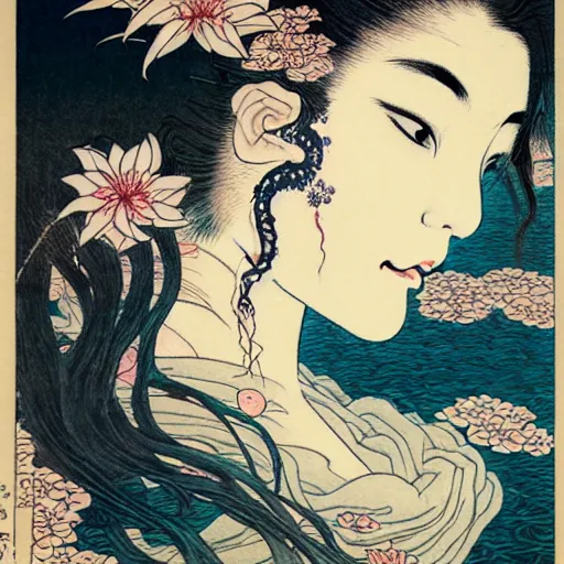 Prompt: prompt: beautiful girl in lake with light up face painted in Hokusai style drawn by Vania Zouravliov and Takato Yamamoto, nymph in the water, small flowers around and on the side, intricate oil painting, high detail, Neo-expressionism, post-modern gouache marks on the side, gnarly details soft light, white background, intricate detail, intricate ink painting detail, sharp high detail, manga and anime 2000