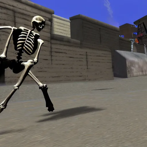 Image similar to A gameplay screenshot of a skeleton in tony hawk (PS2, 2004)