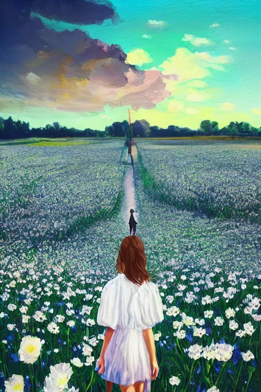 Image similar to giant white flower head, girl walking in a flower field, surreal photography, sunrise, dramatic light, impressionist painting, colorful clouds, digital painting, artstation, simon stalenhag