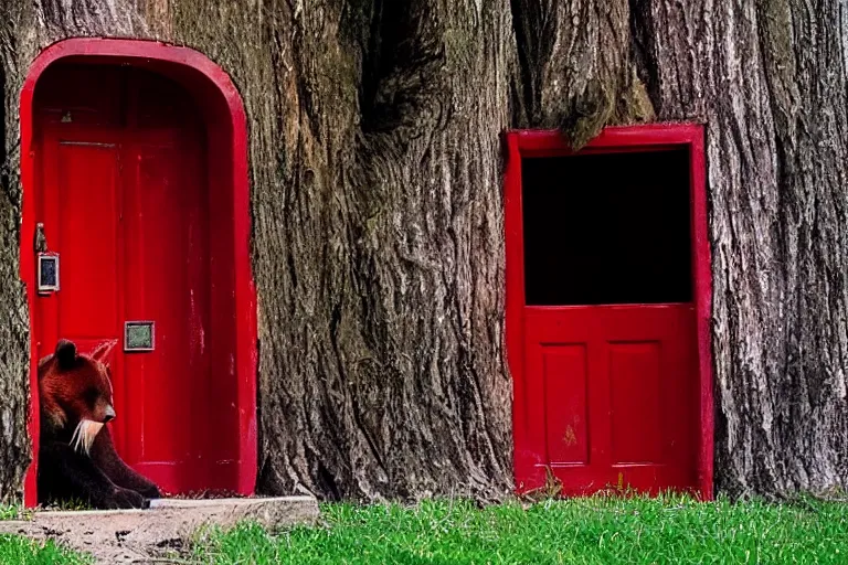 Image similar to grizzly wearing a red shirt sitting outside big tree with a red door by Roger Deakins