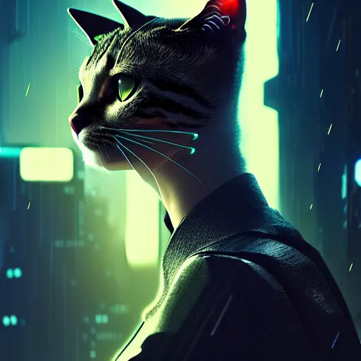 Image similar to professional photo of cyborg cat, cyberpunk background, blade runner, hyperrealistic masterpiece, trending on artstation, cgsociety, kodakchrome, golden ratio, cinematic, composition, beautiful lighting, hyper detailed, sharp focus, octane render, 4 k, unreal engine