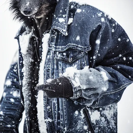 Image similar to an award winning National Geographic picture of a black Jackal wearing a denim Jacket in the snow by Lee Jeffries, 85mm ND 5, perfect lighting in a snow storm