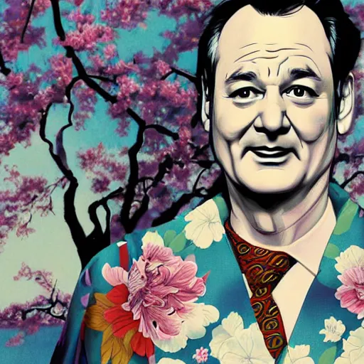 Prompt: bill murray, wearing kimono, by artgerm, cherry blossom falling, nagel