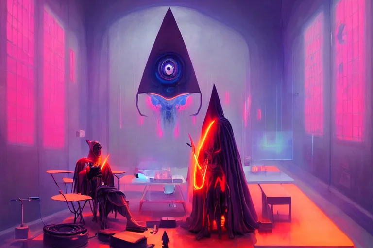 Image similar to a beautiful masterpiece painting of a technomancer wizard in robes with pointed hood breathing life into his synthesized AI djinn in his laboratory near a computer by Remedios Varo and Anato Finnstark and Greg Rutkowski, dayglo pink, dayglo blue, dazzle camouflage, 8k, trending on ArtStation