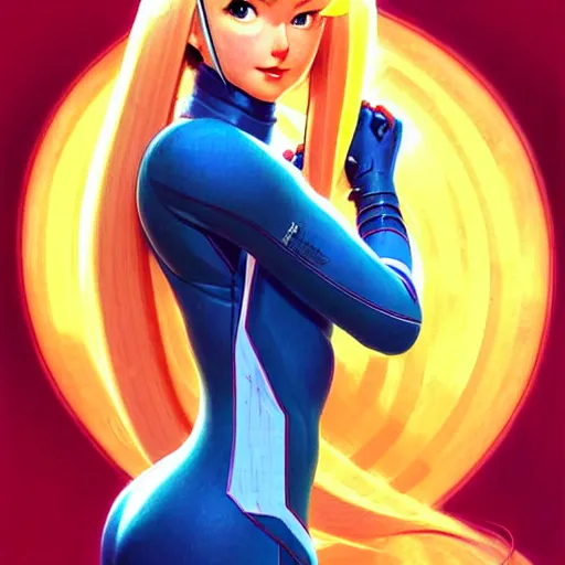 Image similar to head and shoulders portrait of Zero Suit Samus, illustration, medium shot, intricate, elegant, highly detailed, digital art, sharp lines, ffffound, art by Gil Elvgren and Fernanda Suarez and Greg Manchess and Sachin Teng