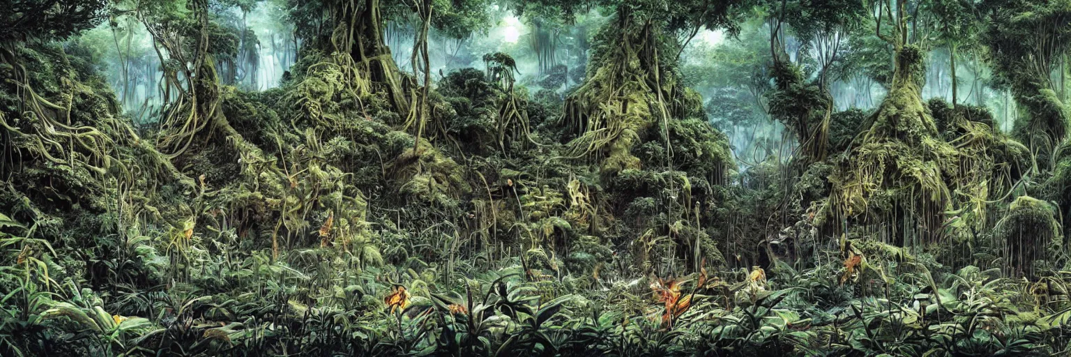 Prompt: underground cave on an exotic alien planet with a jungle canopy of antler trees in the background, leafy overgrowth, insectile weeds, by ian miller, rodney matthews and al feldstein, photorealistic render