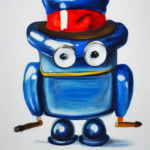 Prompt: Cute round blue robot with mustache and french beret holding a brush, portrait, photorealism