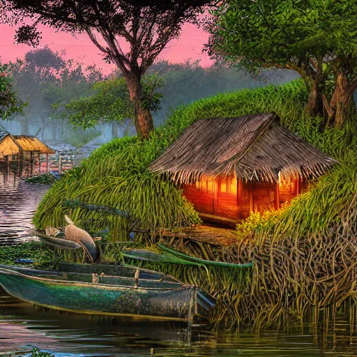 Image similar to a wooden makeshift fishing village inhabited by otters, built in a mossy overgrown bayou, evening lit by lanterns and fireflies, digital art