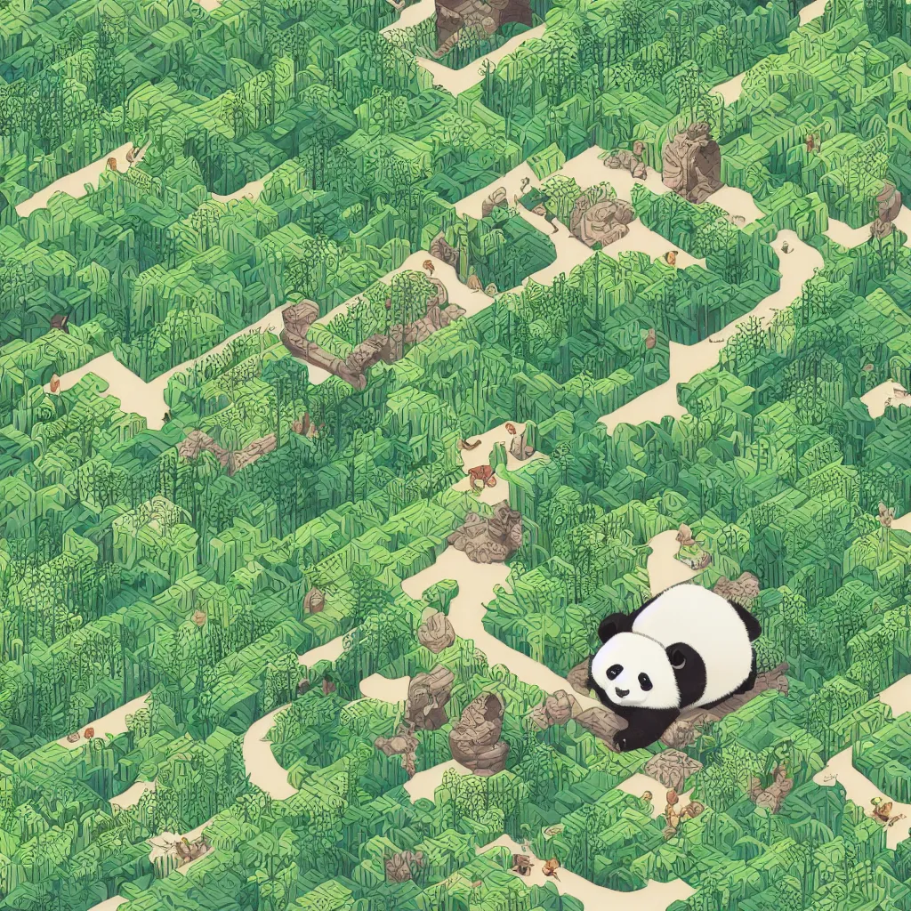 Image similar to isometric view illustration cute panda in bamboo forest, highly detailed mid day by victo ngai and malika favre, isometric, isometric view