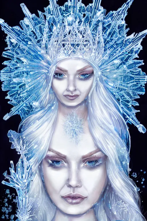 Prompt: an ice queen covered in ice crystals in the style of andrei martin, highly detailed,