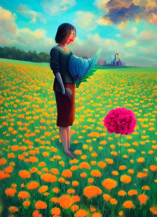 Image similar to woman with a giant carnation as a face, flower field, surreal photography, sunset dramatic light, impressionist painting, colorful clouds, blue sky, digital painting, artstation, simon stalenhag