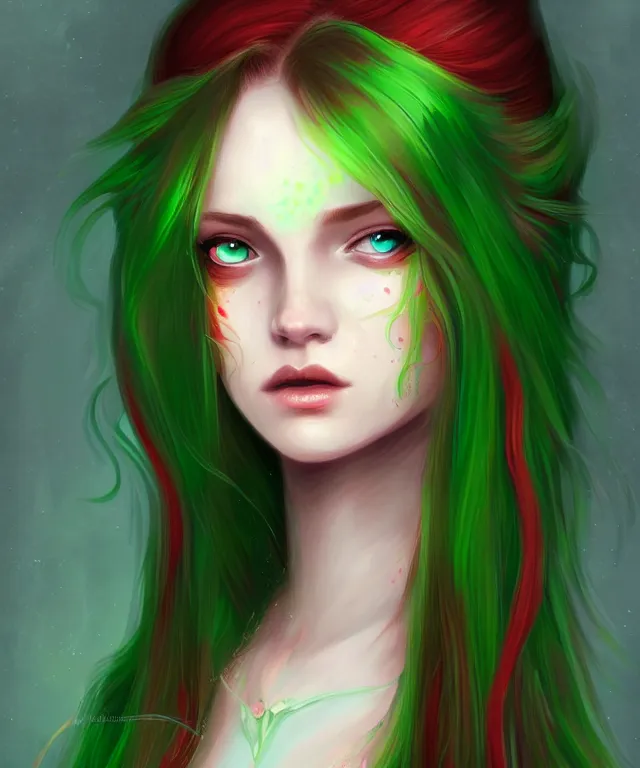 Image similar to Fae teenage girl, portrait, face, long red hair, green highlights, fantasy, intricate, elegant, highly detailed, digital painting, concept art, sharp focus