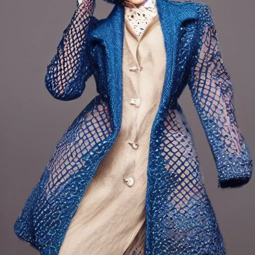 Image similar to fashion 2 0 5 0 fantastic openwork long coat with intricate pattern on a beautiful symmetrical girl with blue hair, hyper realistic photos