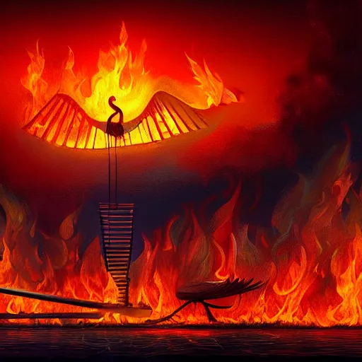 Image similar to in the lower part of the picture is the harp burning in the fire, above are cranes flying in flames, digital painting, concept art